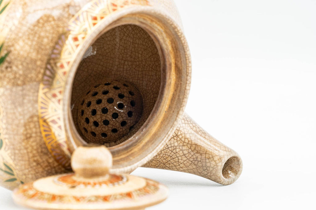 Japanese Kyusu - Weathered Beige Floral Bamboo Decorated Debeso Teapot - 270ml