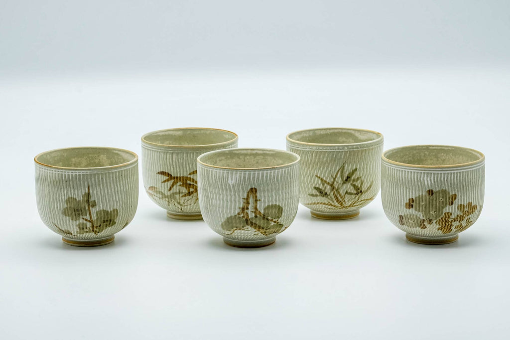 Japanese Tea Set - Beige Speckled Floral Kiyomizu-yaki Dobin Teapot with 5 Yunomi Teacups