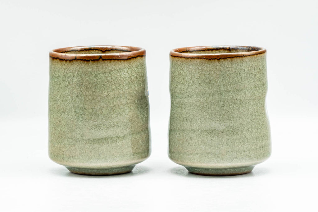 Japanese Teacups - Pair of Geometric Green Celadon Glazed Yunomi - 180ml