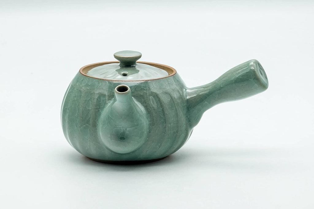 Japanese Tea Set - Green Celadon Glazed Kyusu Teapot with 5 Yunomi Teacups