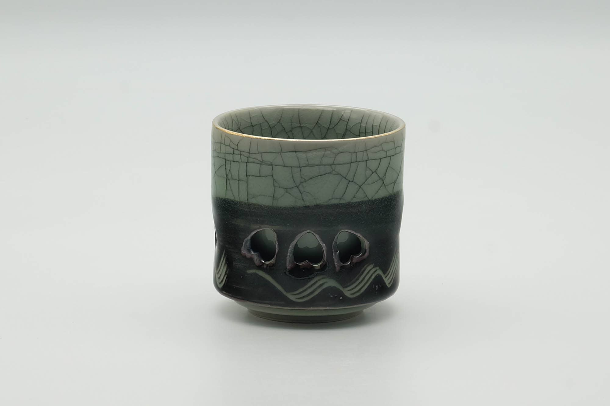 Japanese Teacup - Crazed Green Celadon Glazed Sakura Obori Soma-yaki Yunomi - 100ml