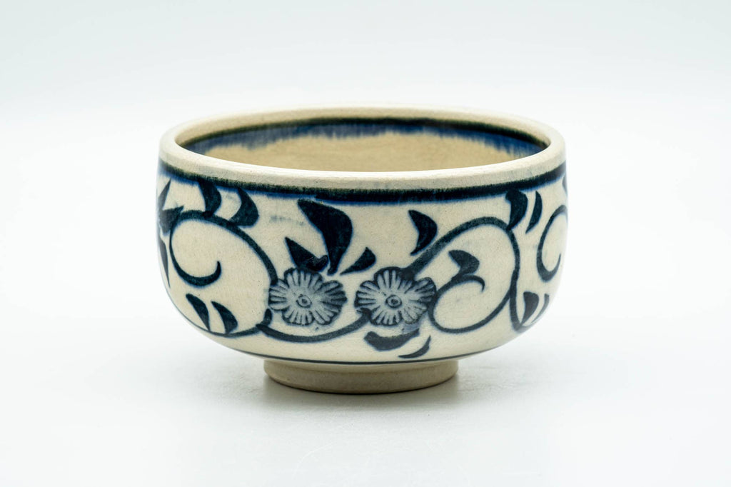 Japanese Matcha Bowl - Blue Floral Geometric Hantsutsu-gata Chawan - 350ml