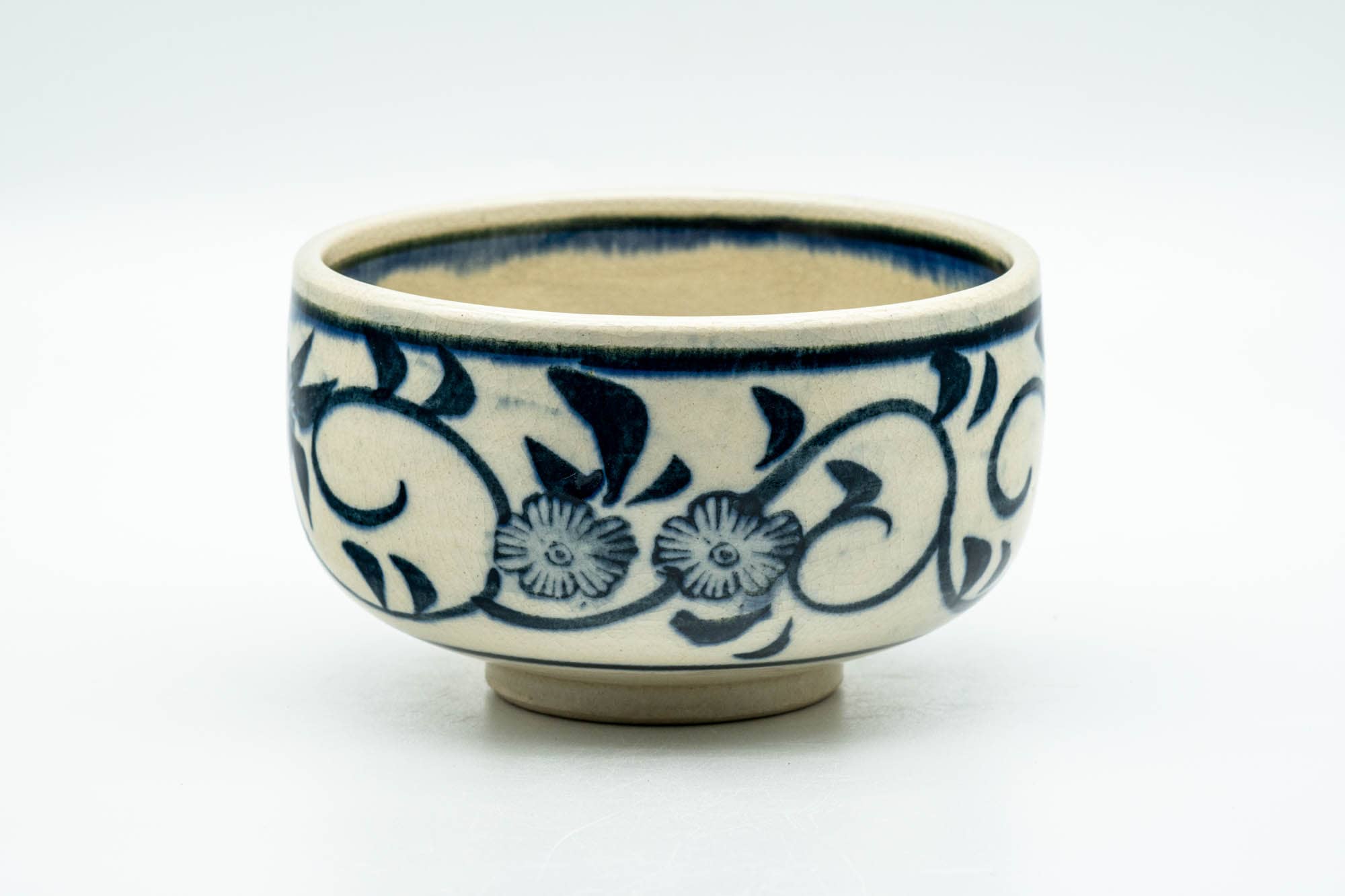 Japanese Matcha Bowl - Blue Floral Geometric Hantsutsu-gata Chawan - 350ml