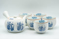 Japanese Tea Set - Blue Floral White Matte Glazed Arita-yaki Debeso Kyusu Teapot with 5 Yunomi Teacups