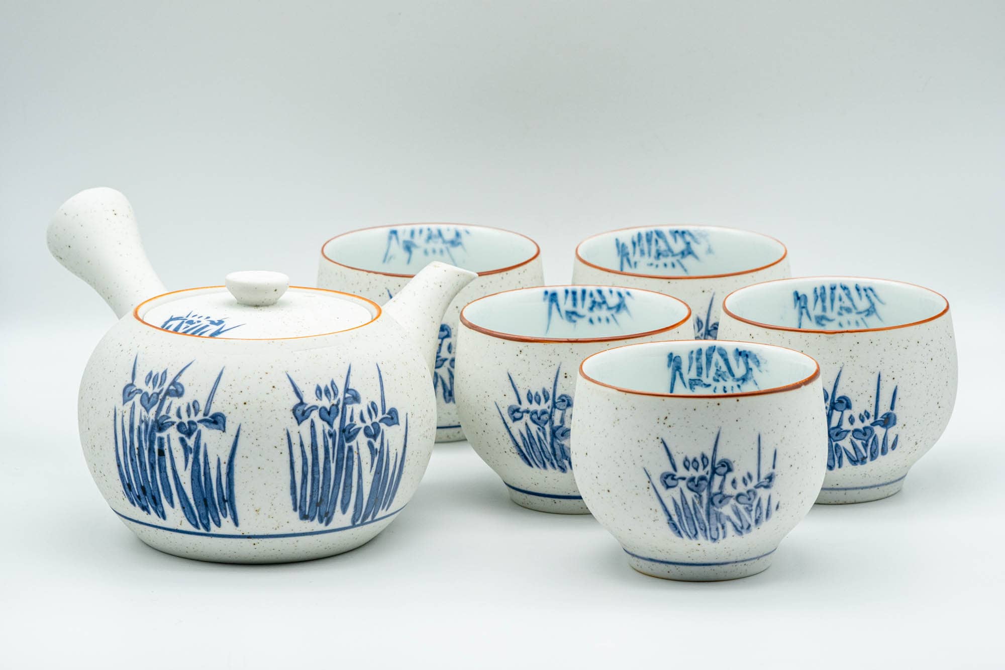 Japanese Tea Set - Blue Floral White Matte Glazed Arita-yaki Debeso Kyusu Teapot with 5 Yunomi Teacups