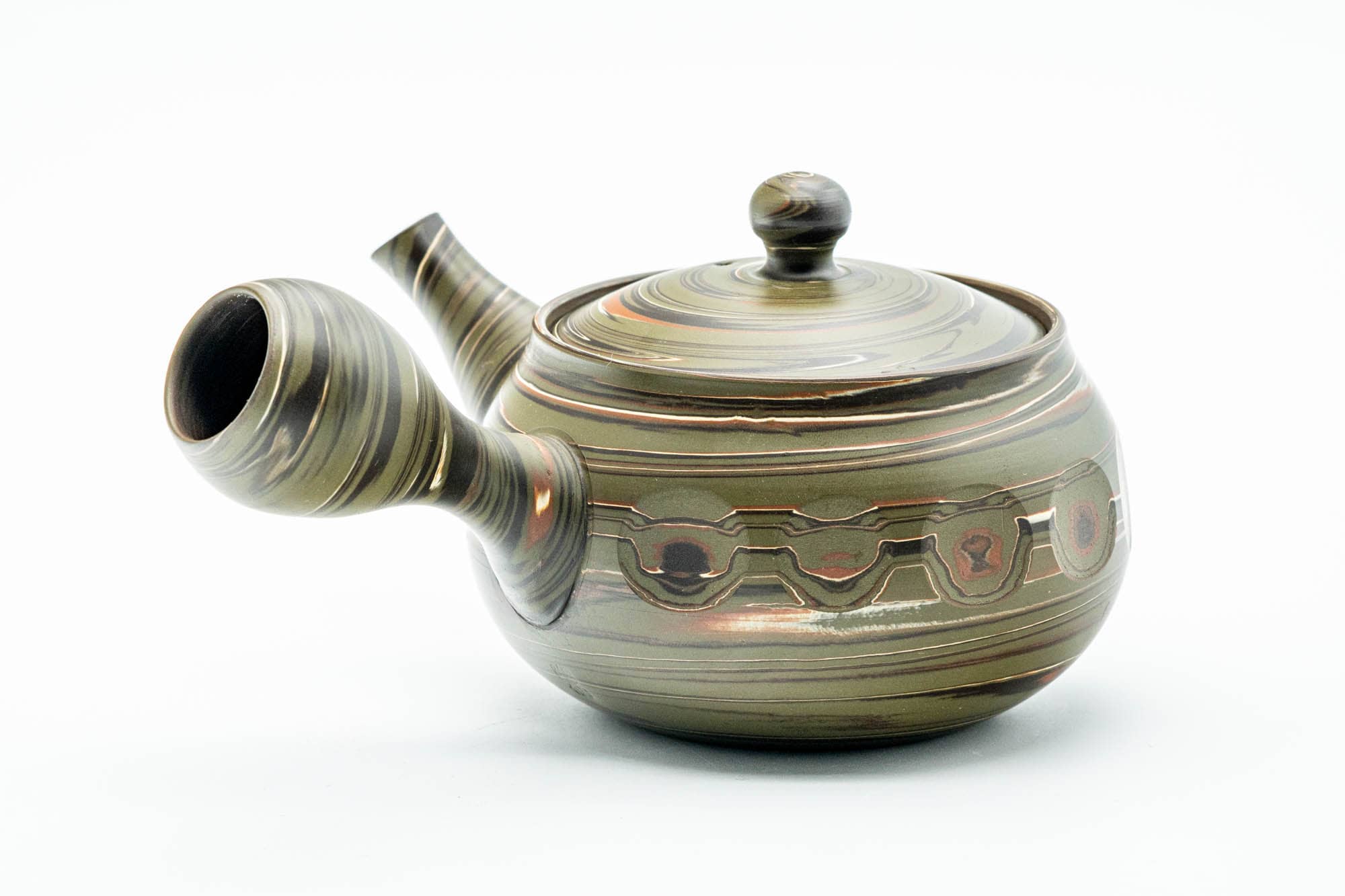Japanese Kyusu - Carved Green Marbled Nerikomi Tokoname-yaki Mesh Teapot - 300ml