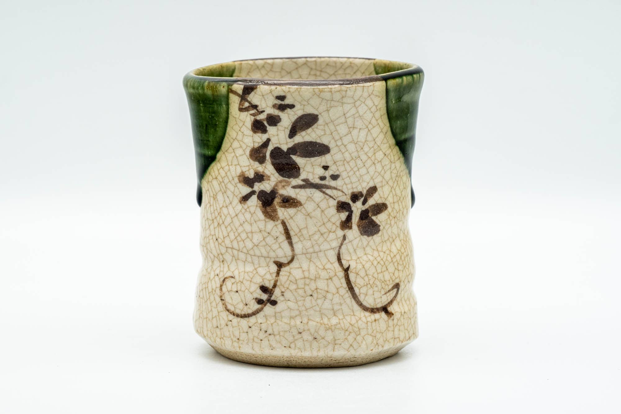 Japanese Teacup - Beige Green Drip-Glazed Floral Oribe-yaki Yunomi - 180ml