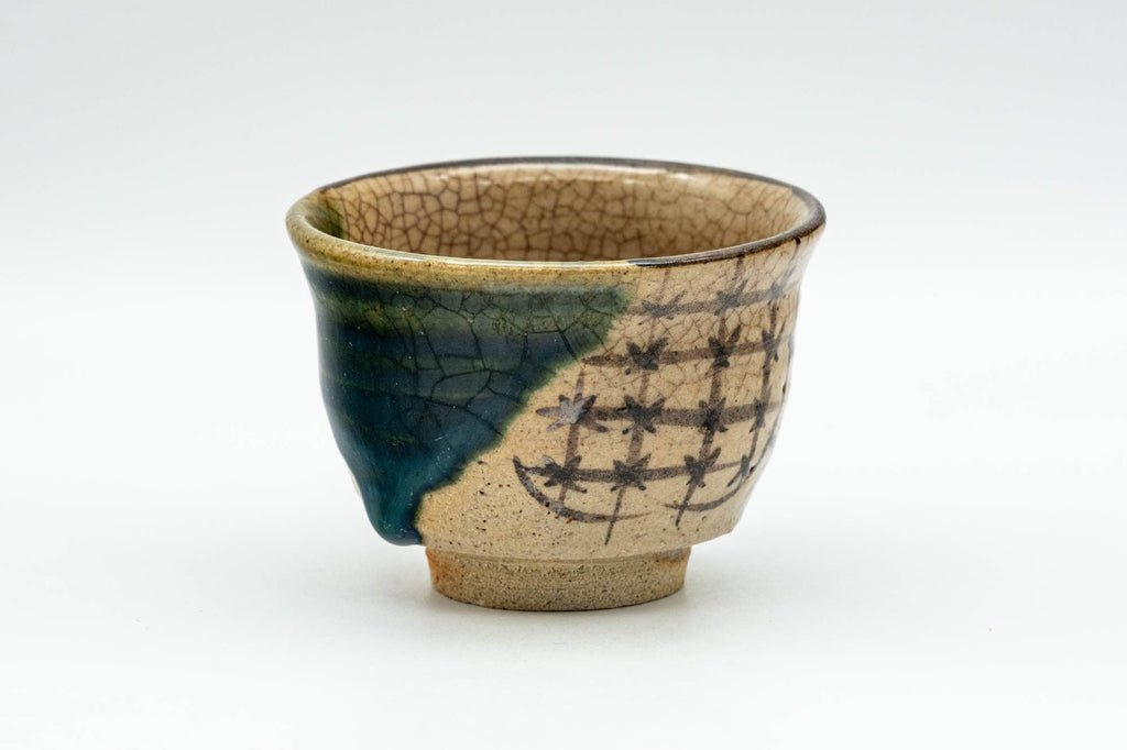 Japanese Teacup - Floral Geometric Green Drip-Glazed Oribe-yaki Guinomi - 50ml