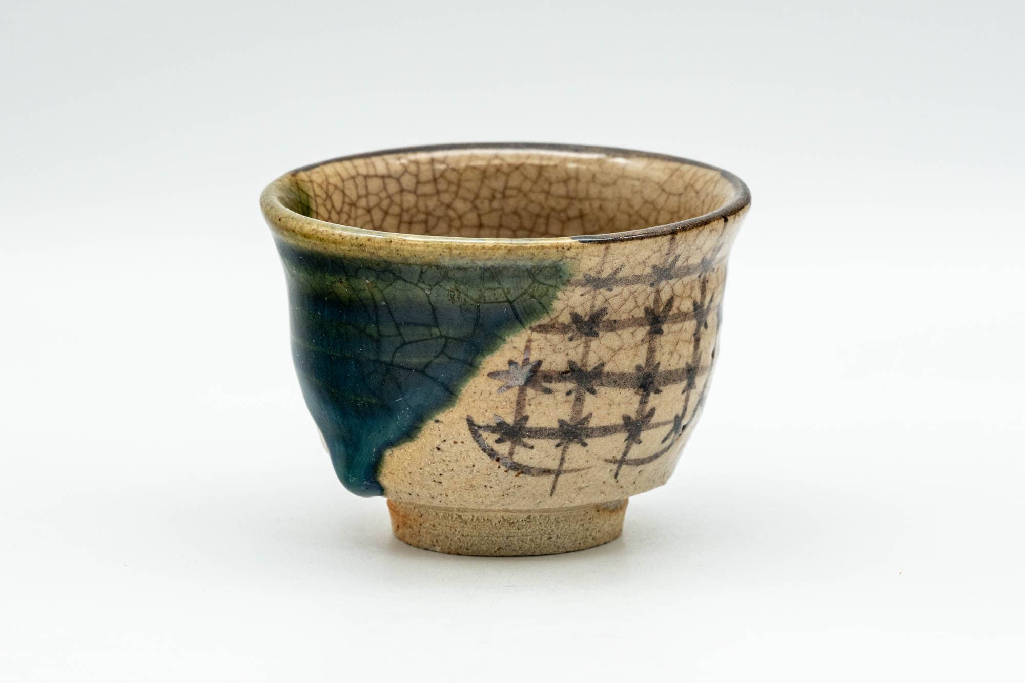 Japanese Teacup - Floral Geometric Green Drip-Glazed Oribe-yaki Guinomi - 50ml