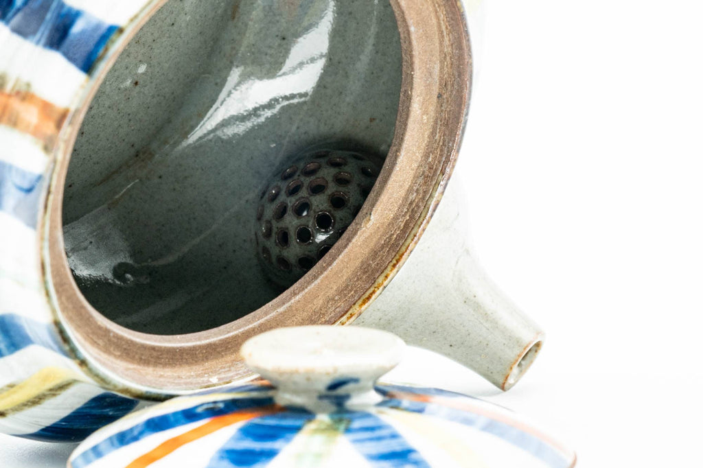 Japanese Kyusu - Colourfully Striped Grey Ceramic Debeso Filtered Teapot - 350ml