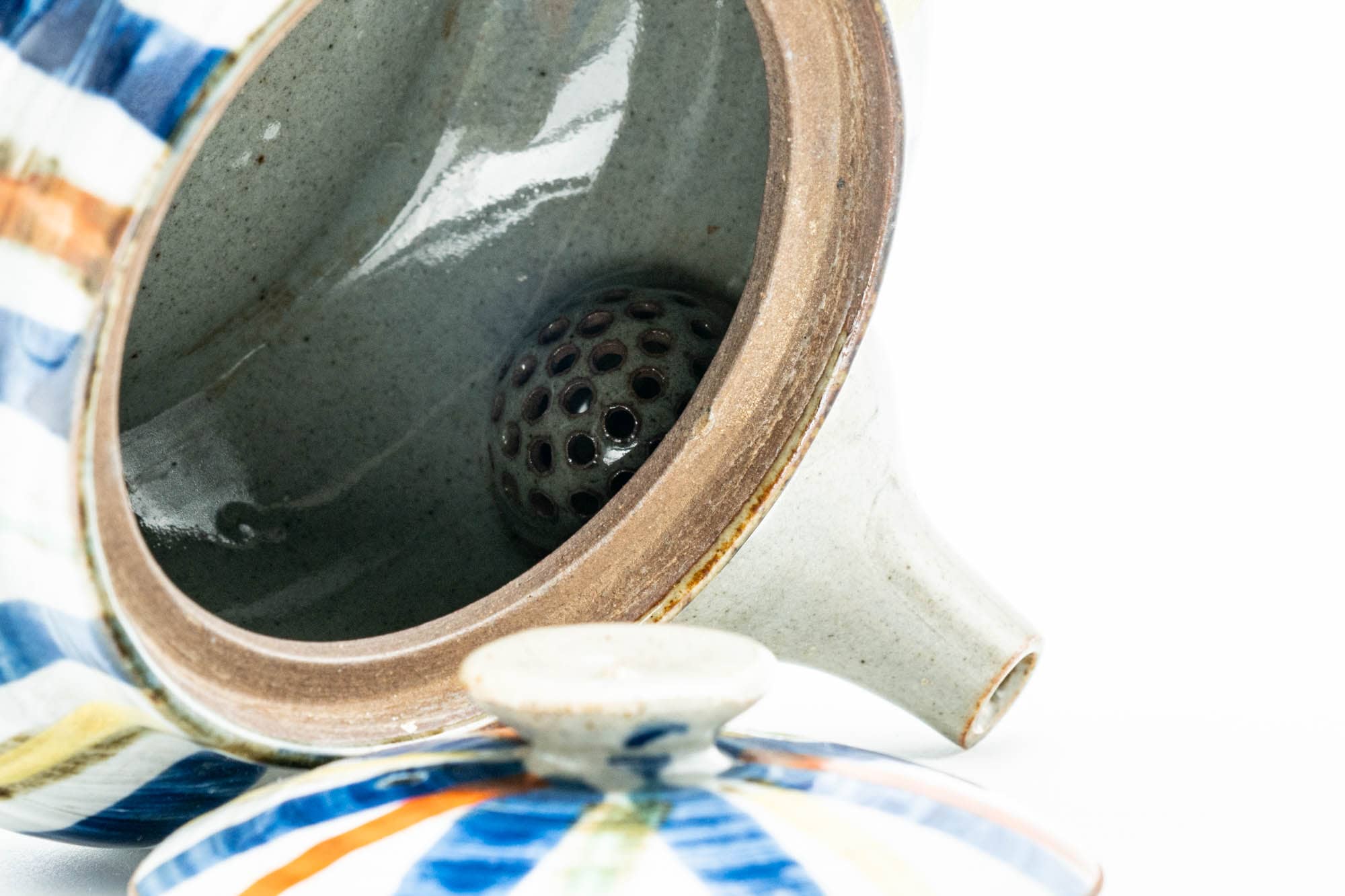 Japanese Kyusu - Colourfully Striped Grey Ceramic Debeso Filtered Teapot - 350ml