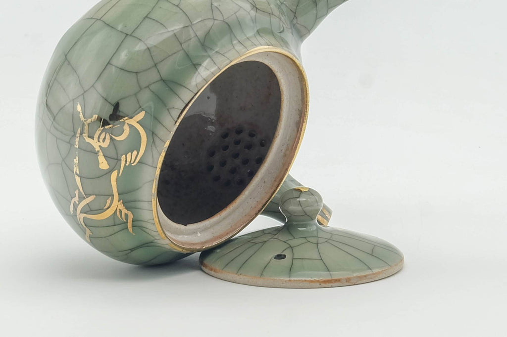 Japanese Kyusu - Golden Horse Green Celadon Glazed Obori Soma-yaki Porcelain Teapot - 200ml