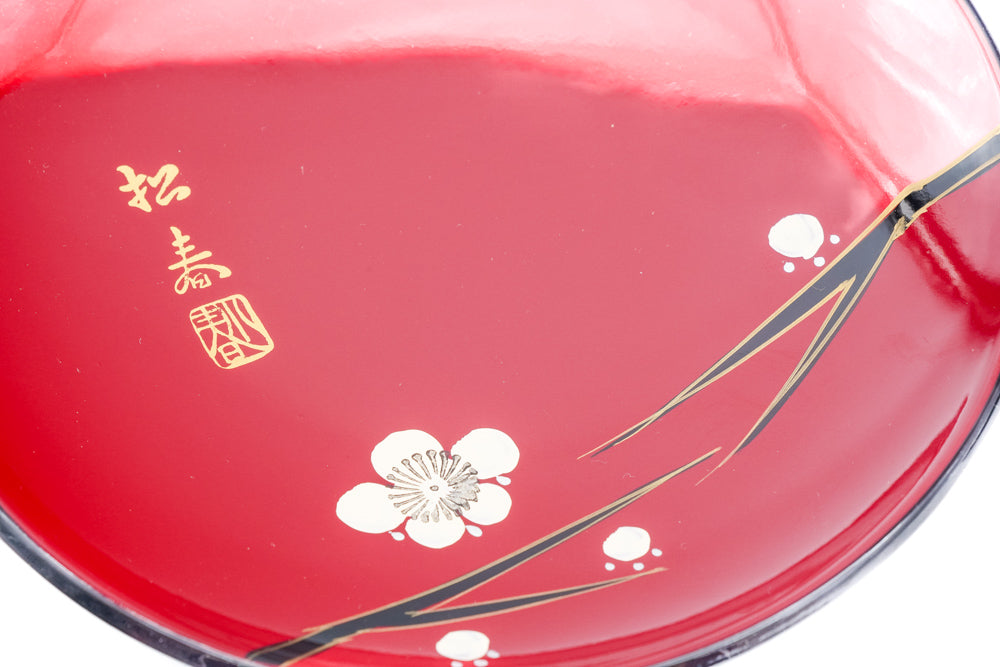 Japanese Chataku - Set of 5 Floral Black Red Lacquer Serving Saucers