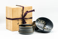 Japanese Chataku - Set of 6 Black Lacquer Tea Saucers in Caddy and Wooden Box