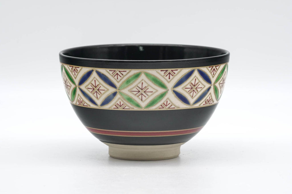 Japanese Matcha Bowl - Geometric Black Glazed Kyo-yaki Chawan - 200ml