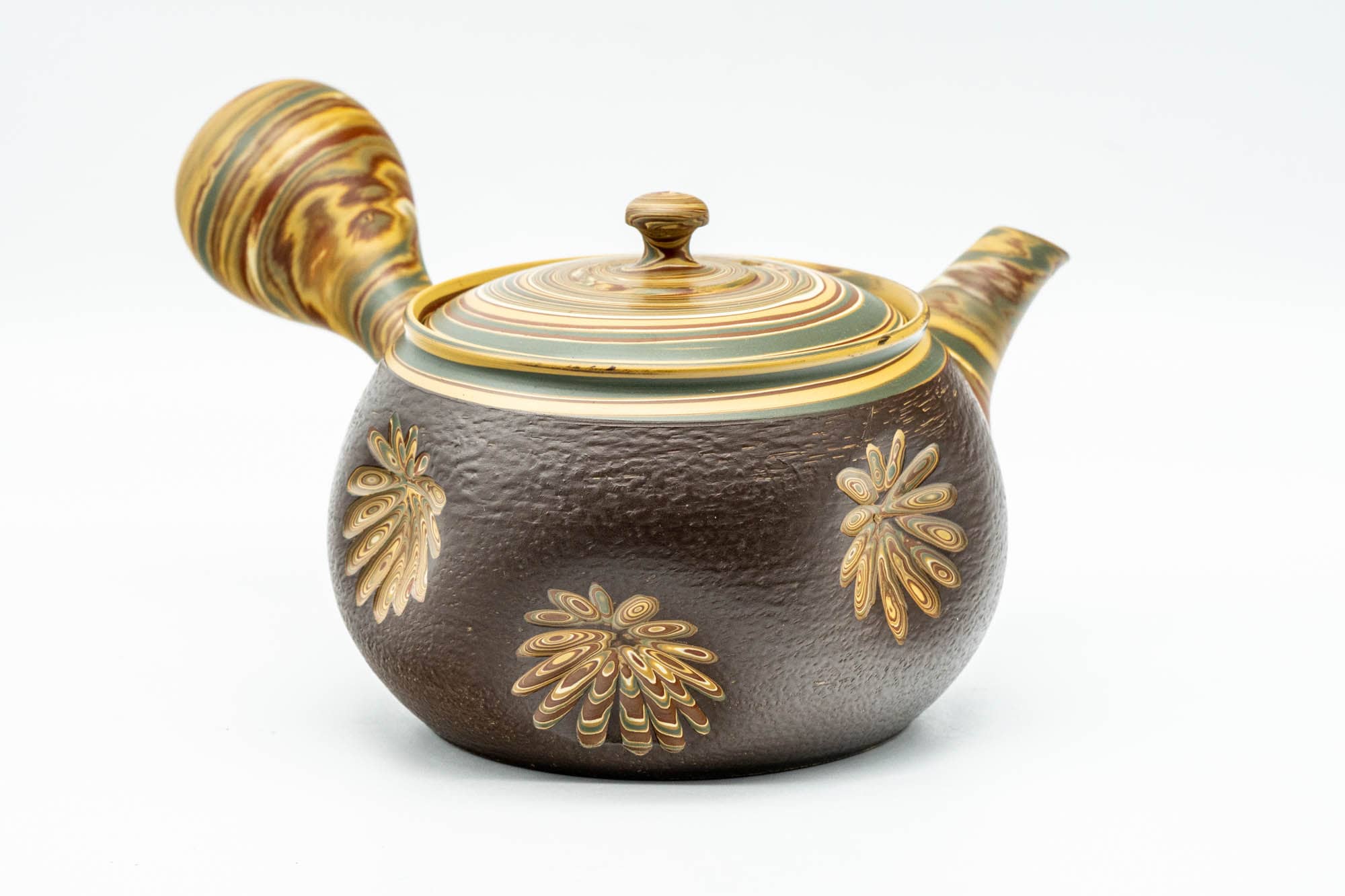 Japanese Kyusu - Engraved Floral Nerikomi Textured Tokoname-yaki Debeso Teapot - 240ml