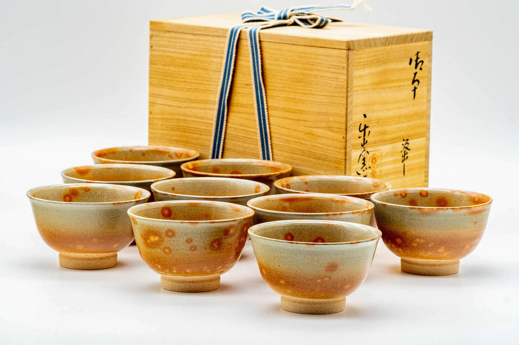 Japanese Teacups - Set of 10 Beige Pink Gohonte Glazed Hagi-yaki Yunomi - 160ml