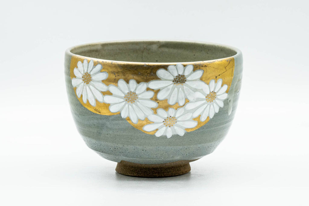 Japanese Matcha Bowl - White Floral Gold Green Glazed Wan-nari Chawan - 350ml