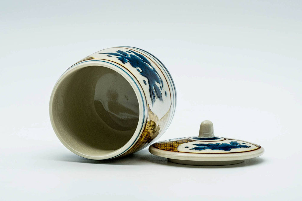 Japanese Teacup - Beige Blue Geometric Kutani-yaki Lidded Yunomi - 160ml
