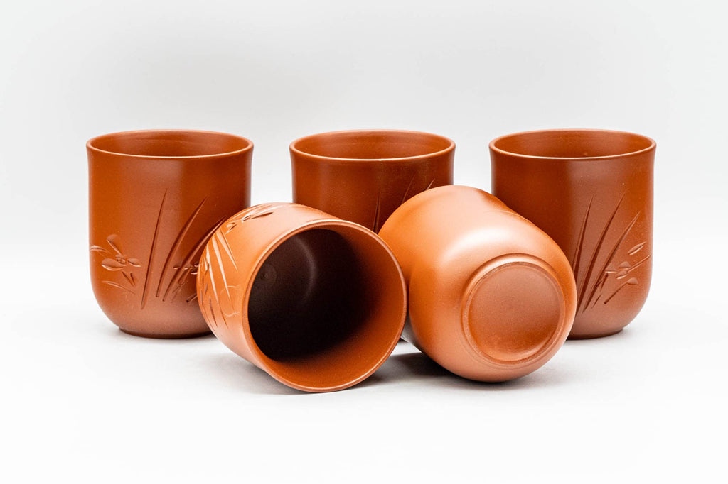 Japanese Tea Set - Long Grass Engraved Tokoname-yaki Debeso Kyusu Teapot with 5 Yunomi Teacups