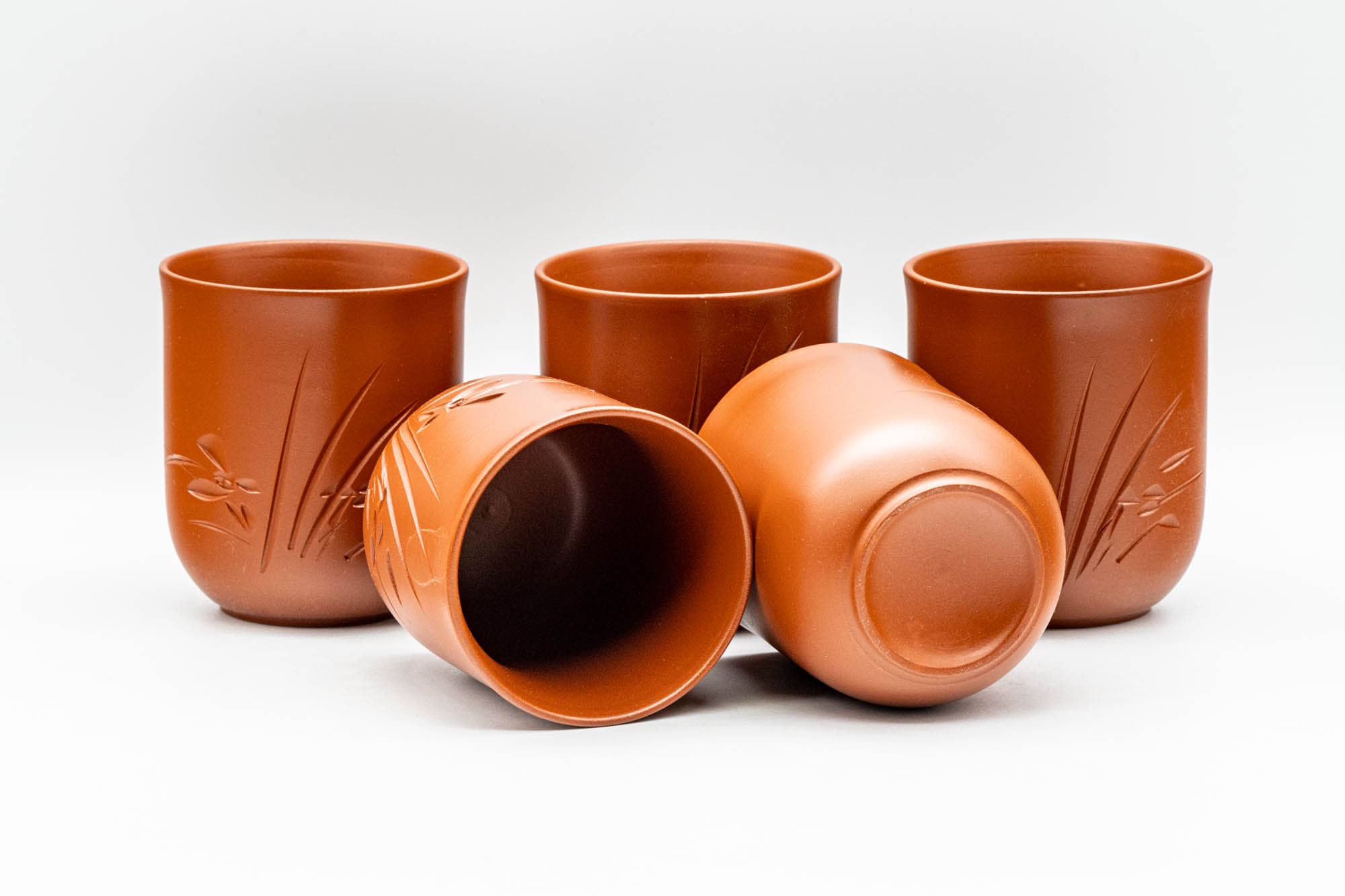 Japanese Tea Set - Long Grass Engraved Tokoname-yaki Debeso Kyusu Teapot with 5 Yunomi Teacups