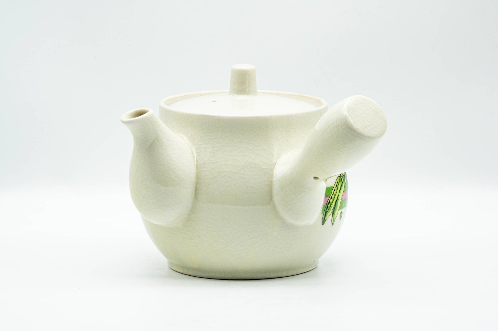 Japanese Kyusu - Beige Green Striped Snow Peas Kutani-yaki Debeso Teapot - 400ml