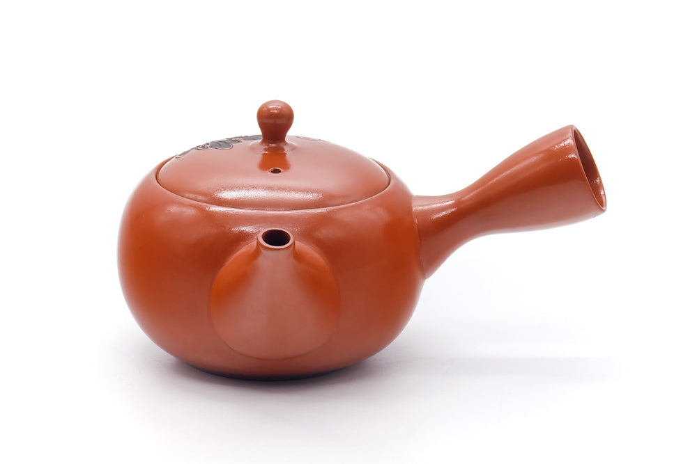 Japanese Kyusu - Engraved Floral Red Shudei Tokoname Mesh Teapot - 320ml