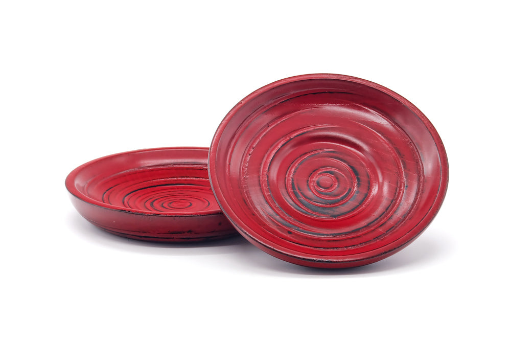 Japanese Chataku - Pair of Red Spiraling Wooden Tea Saucers