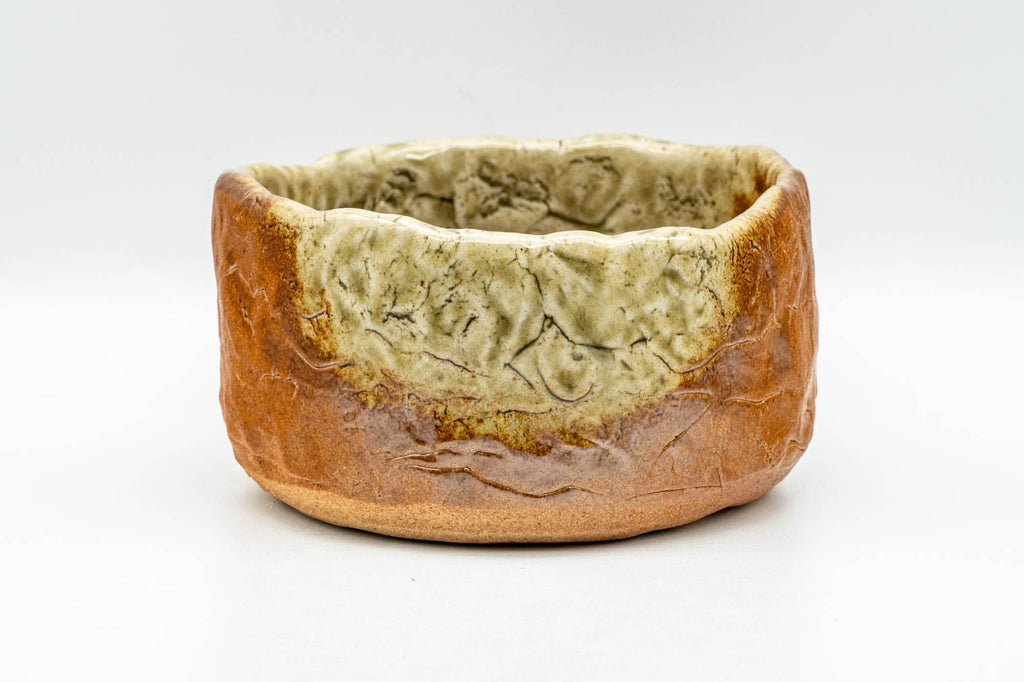 Japanese Matcha Bowl - Green Orange Glazed Flat-Base Wabi-Sabi Chawan - 250ml