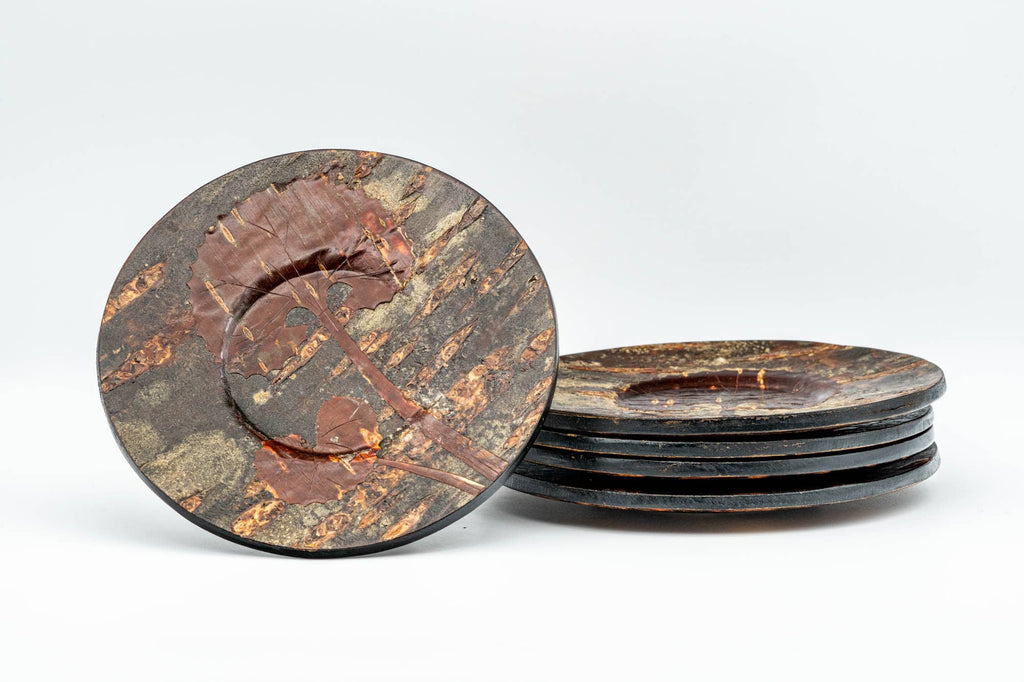 Japanese Chataku - Set of 5 Cherry Bark Fuki Leaf Wooden Tea Saucers