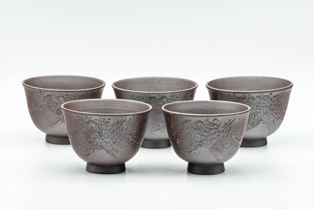 Japanese Teacups - Set of 5 Floral Engraved Banko-yaki Yunomi - 70ml