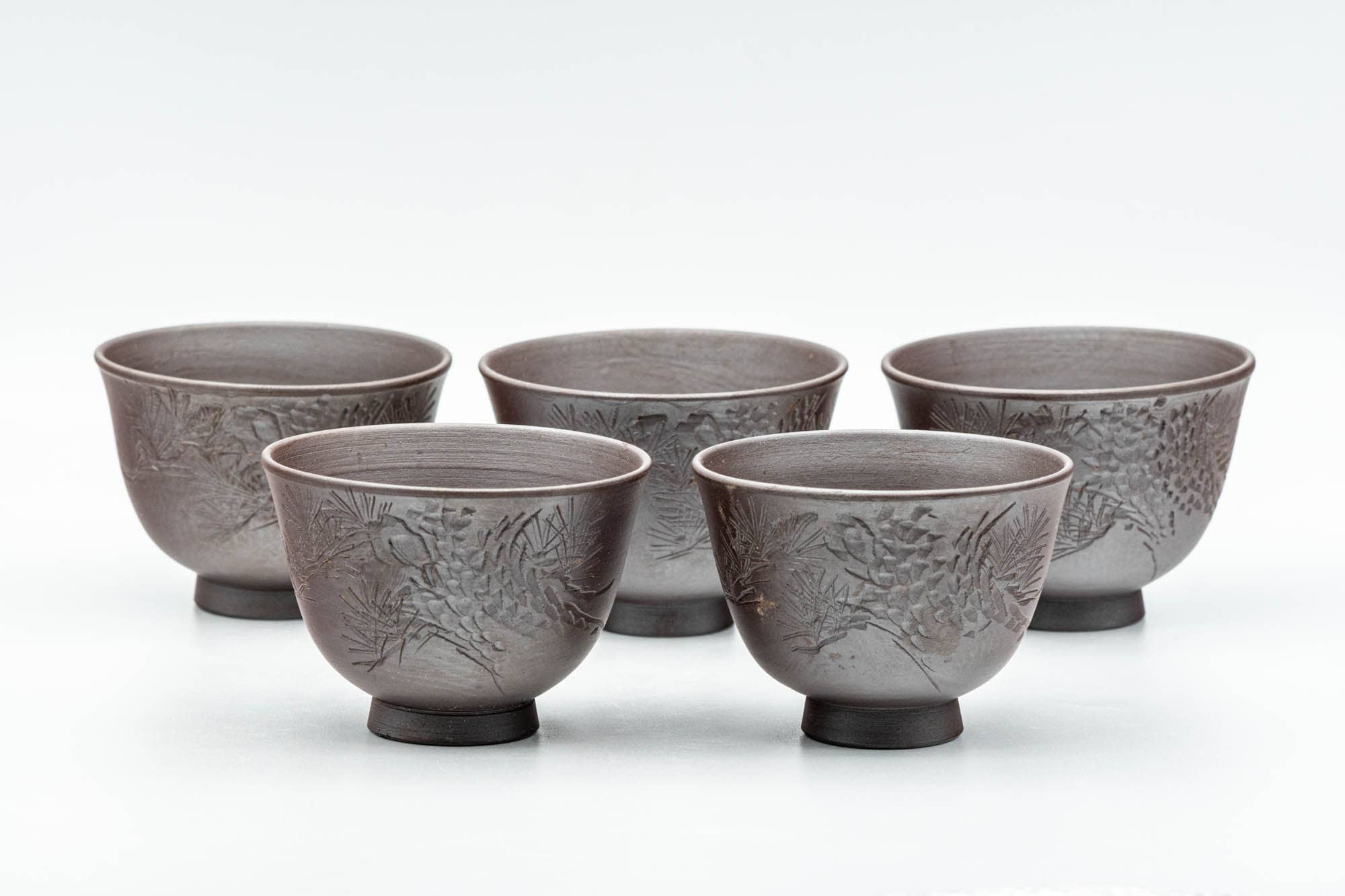 Japanese Teacups - Set of 5 Floral Engraved Banko-yaki Yunomi - 70ml