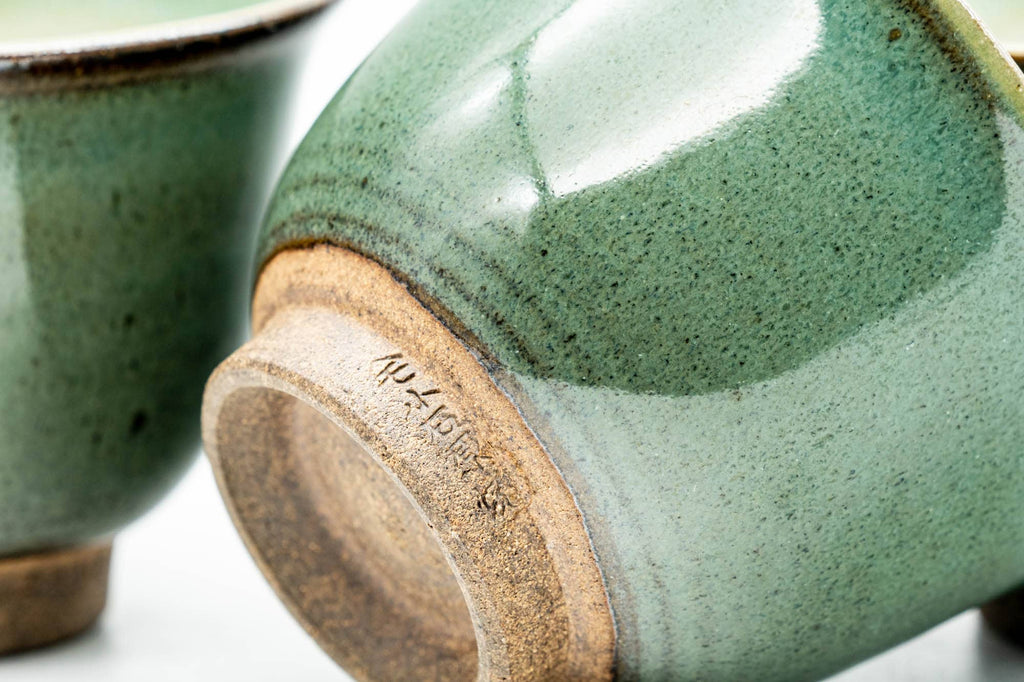 Japanese Teacups - Set of 3 Green Beige Inner-Glazed Agano-yaki Yunomi - 80ml