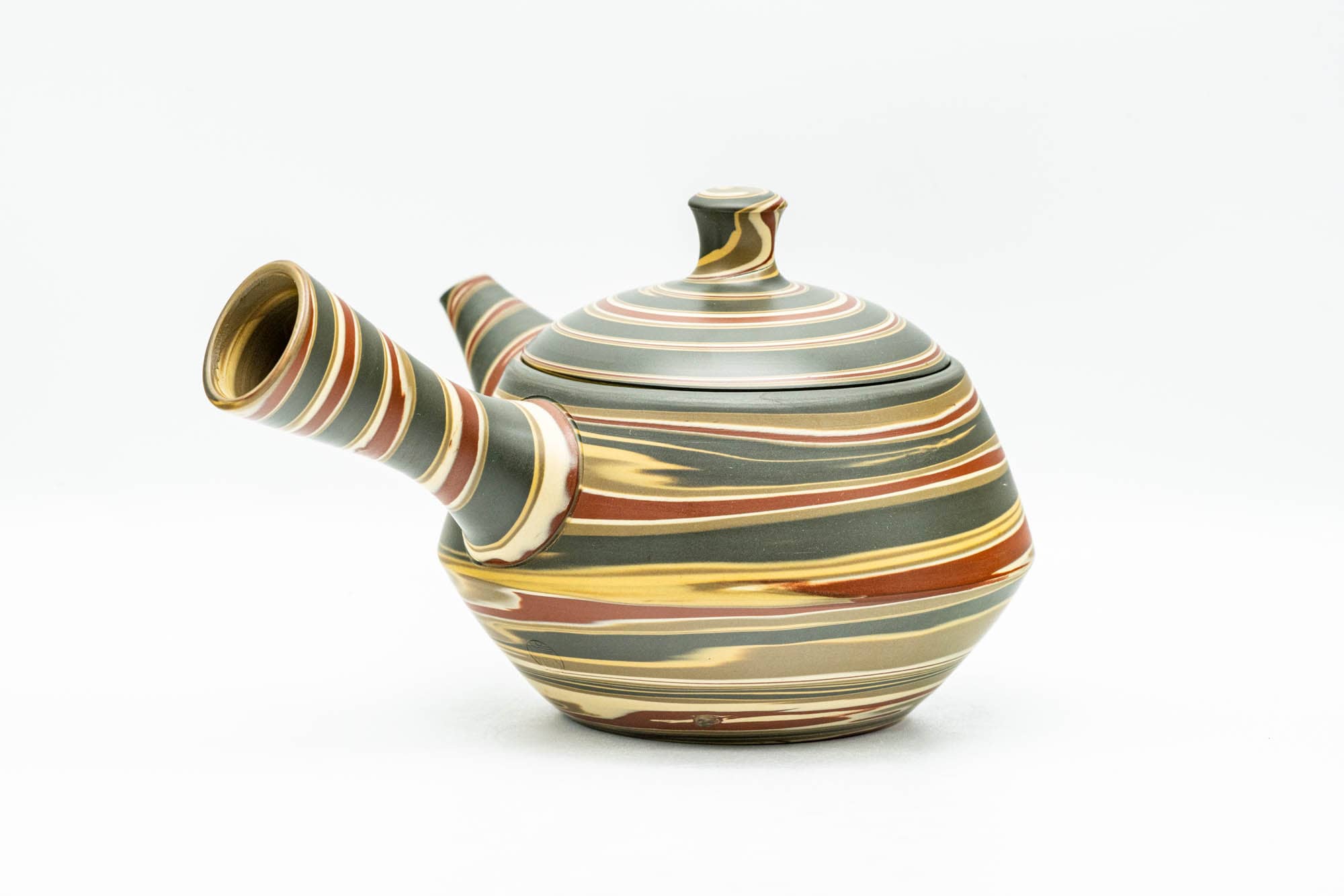 Japanese Kyusu - Green, Red, and Yellow Swirling Nerikomi Tokoname-yaki Do-ake Teapot - 240ml