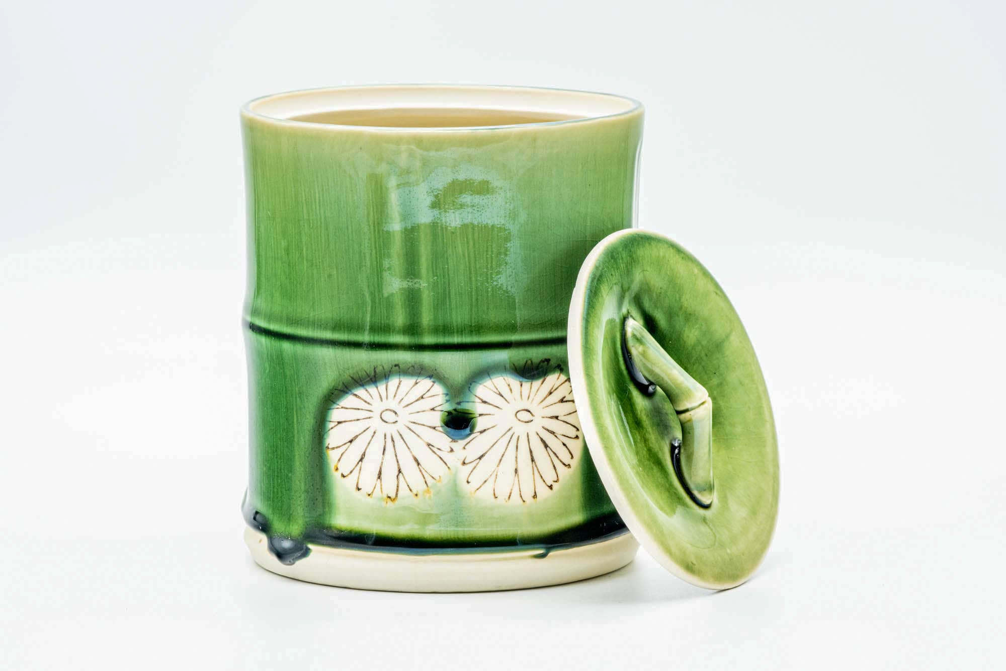 Japanese Mizusashi - Green Drip-Glazed Bamboo-Shaped Fresh Water Container - 1100ml