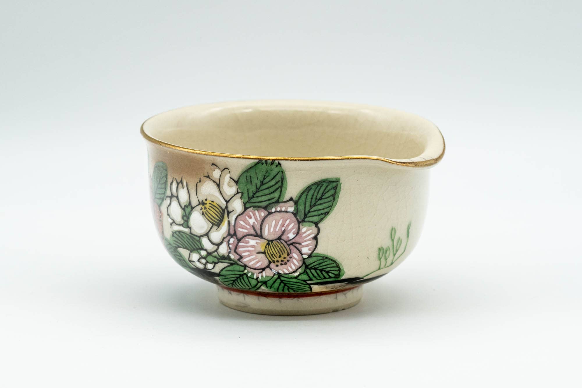 Japanese Katakuchi - Beige Floral Kutani-yaki Porcelain Water Cooler - 100ml