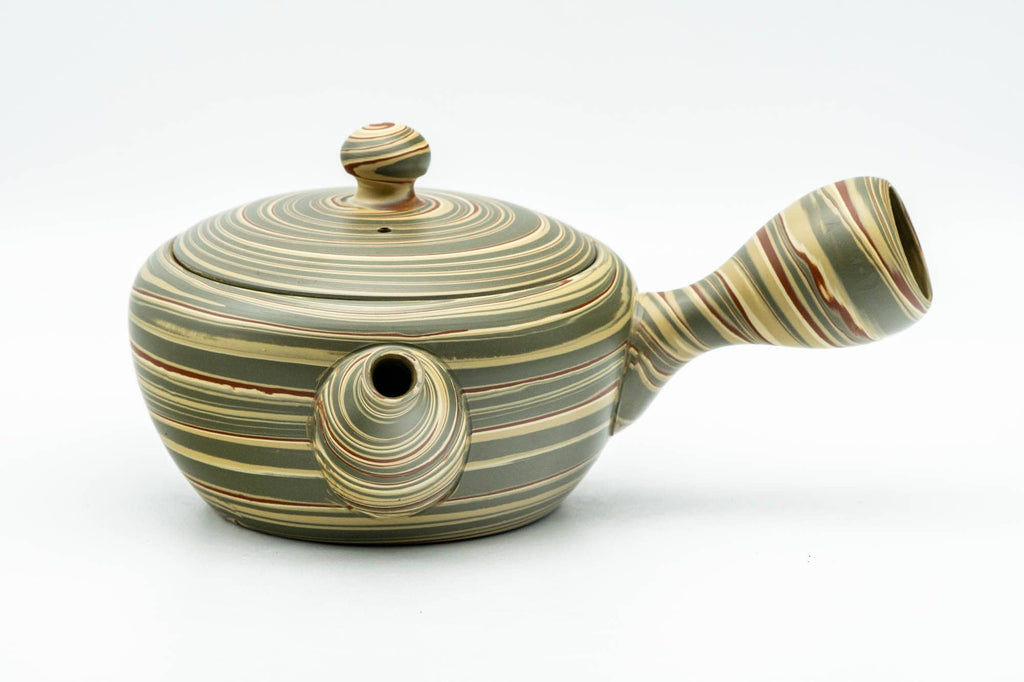 Japanese Kyusu - 陶仙 Tosen Hida - Green Yellow Spiraling Nerikomi Tokoname-yaki Teapot - 200ml
