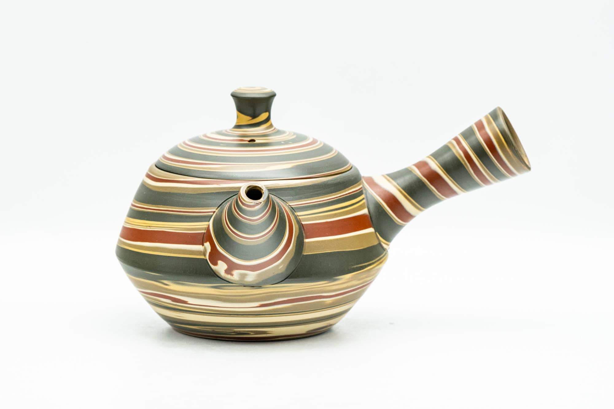 Japanese Kyusu - Green, Red, and Yellow Swirling Nerikomi Tokoname-yaki Do-ake Teapot - 240ml