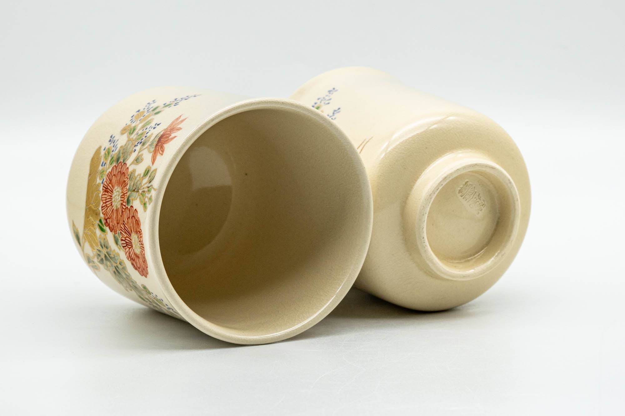 Japanese Teacups - Pair of Floral Beige Glazed Kutani-yaki Lidded Meoto Yunomi