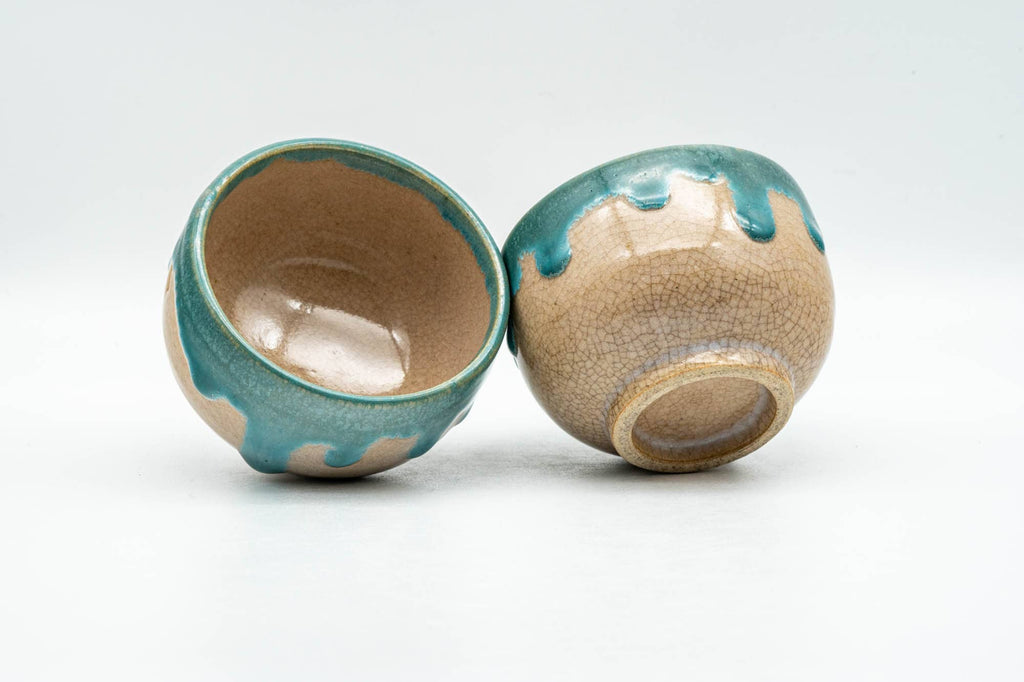 Japanese Teacups - Pair of Turquoise Drip-Glazed Agano-yaki Yunomi - 85ml