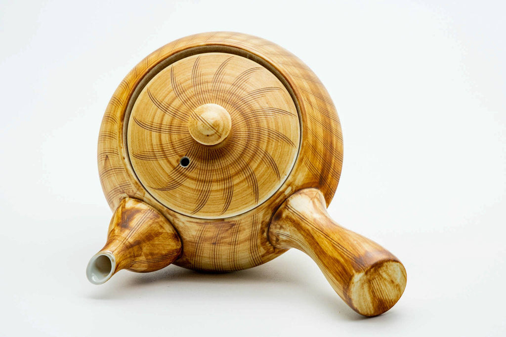 Japanese Kyusu - Yellow Brown Glazed Striped Arita-yaki Ceramic Filter Teapot - 240ml