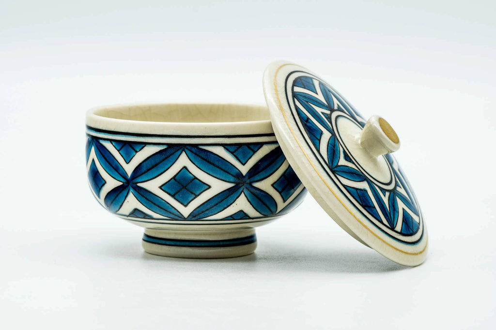 Japanese Teacup - Blue Geometric Kutani-yaki Lidded Yunomi - 130ml