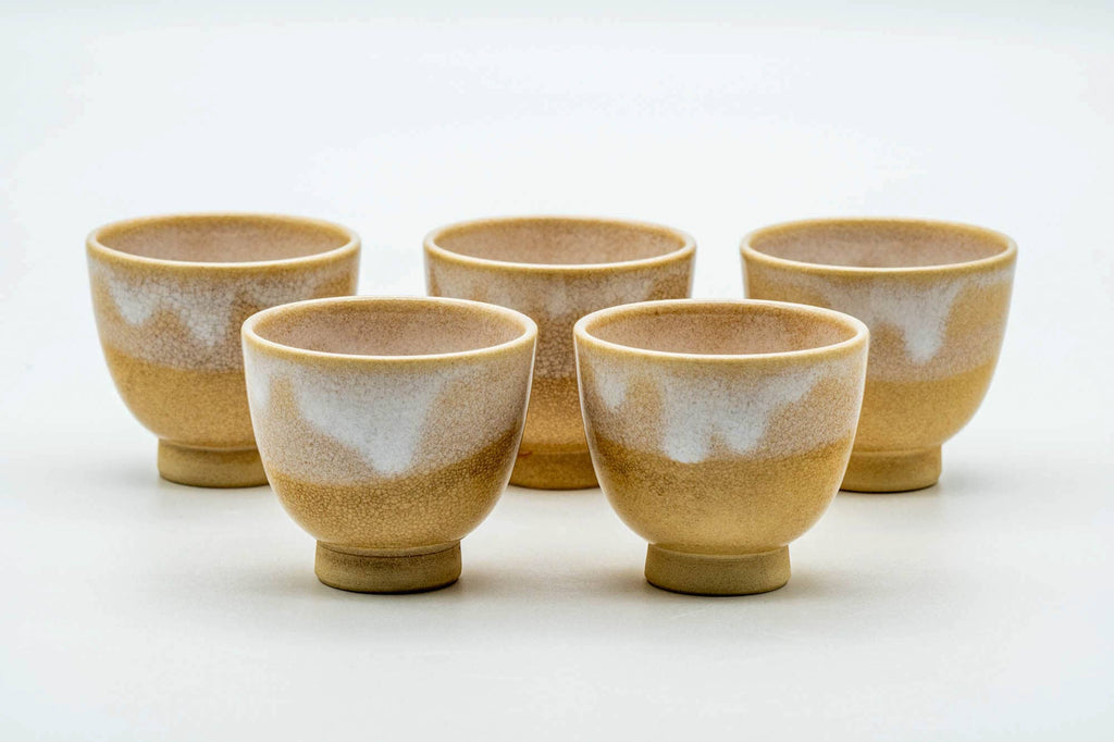 Japanese Teacups - Set of 5 Beige White Drip-Glazed Hagi-yaki Guinomi - 50ml