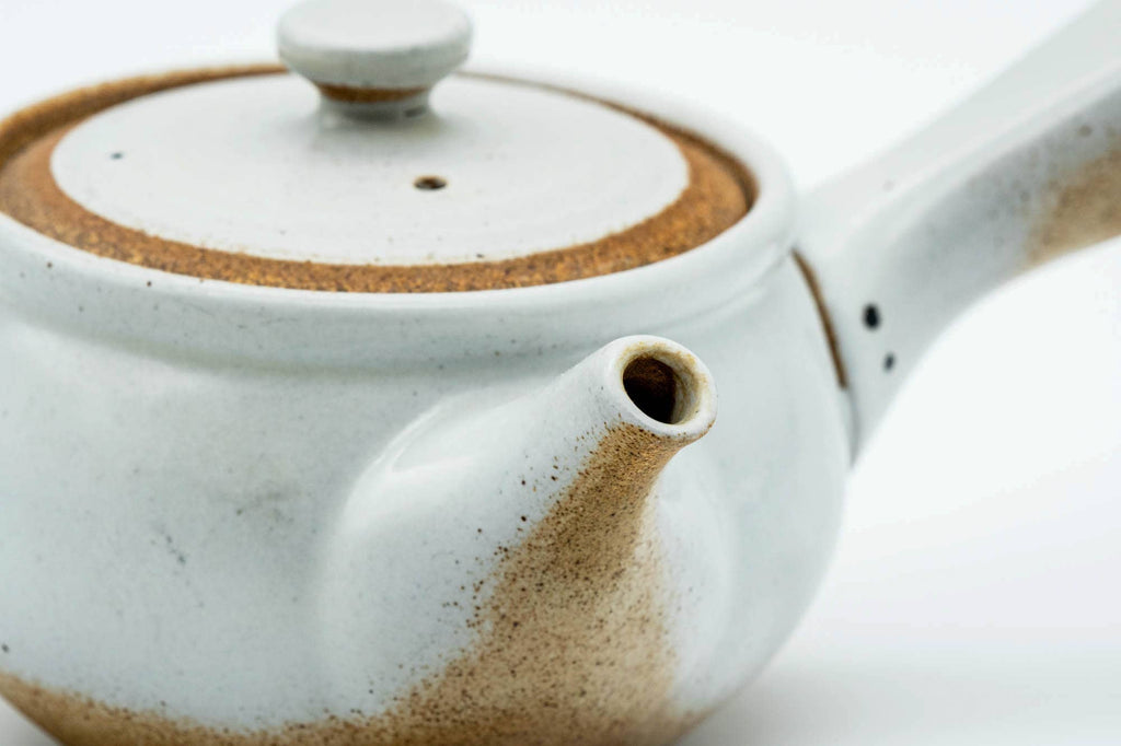 Japanese Kyusu - Brown Textured White Glazed Mesh Teapot - 350ml