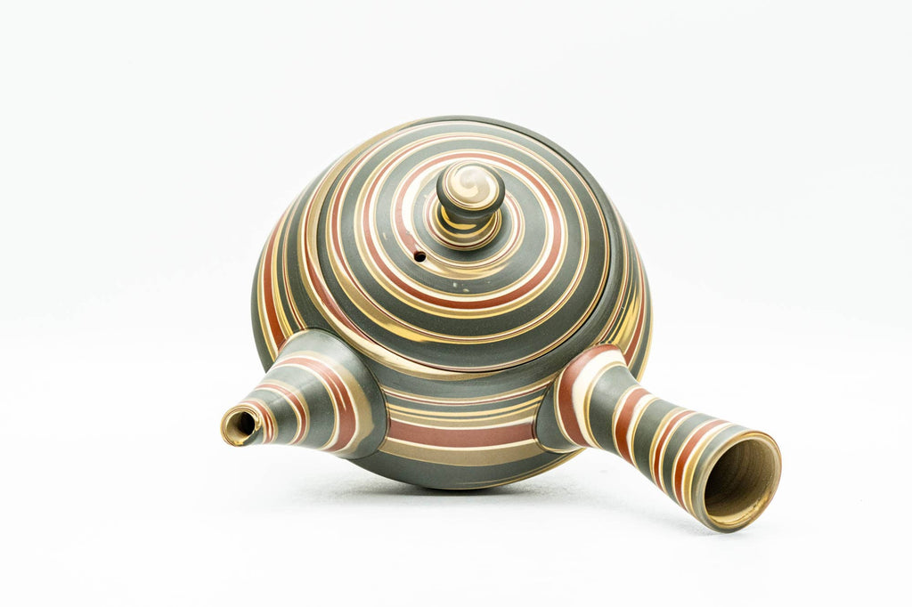 Japanese Kyusu - Green, Red, and Yellow Swirling Nerikomi Tokoname-yaki Do-ake Teapot - 240ml