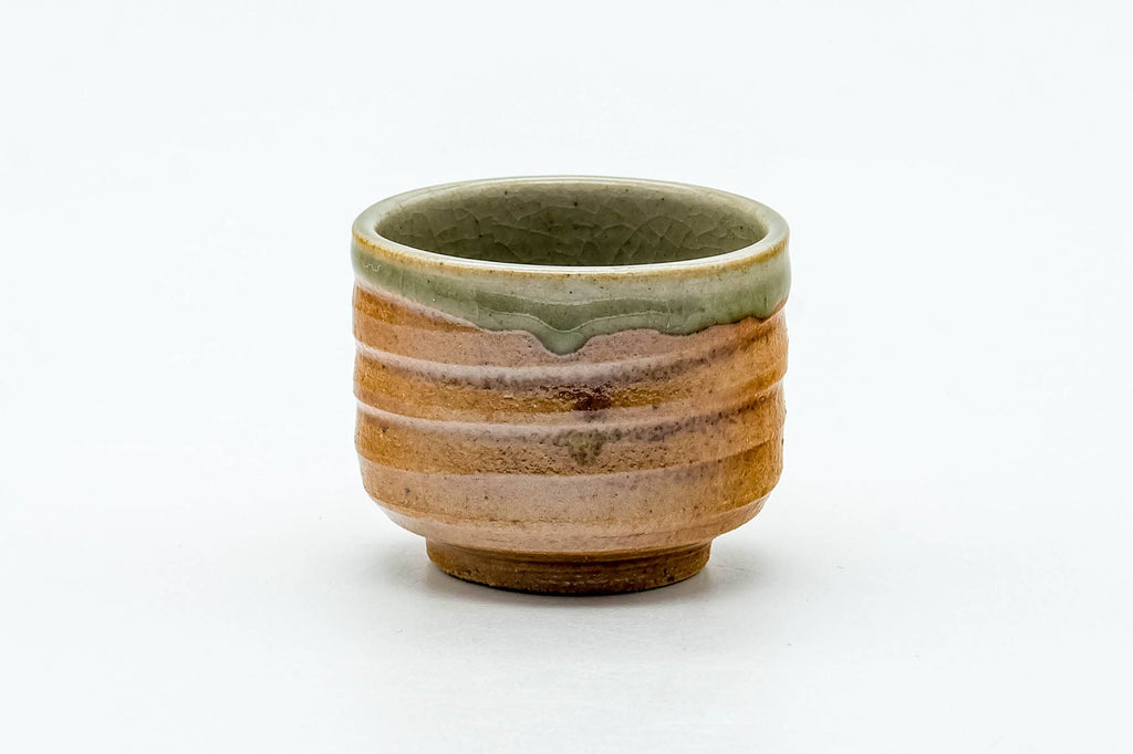 Japanese Teacup - Orange Green Spiraling Shigaraki-yaki Guinomi - 30ml