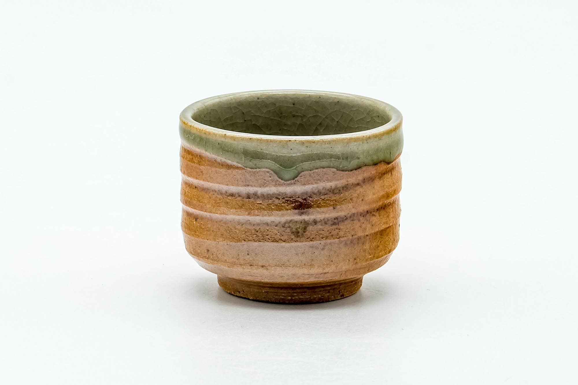 Japanese Teacup - Orange Green Spiraling Shigaraki-yaki Guinomi - 30ml