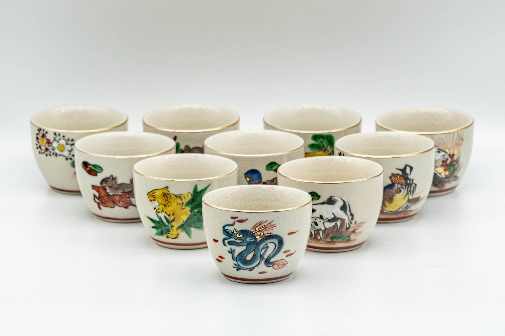 Japanese Teacups - Set of 10 Uniquely Decorated Kutani-yaki Guinomi - 40ml