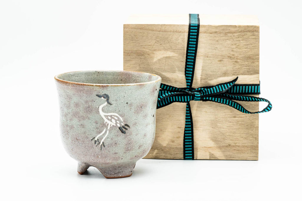 Japanese Matcha Bowl - Standing Crane Grey Pink Gohonte Glazed Winter Chawan (御本立鶴) with Tomobako Wooden Box - 450ml