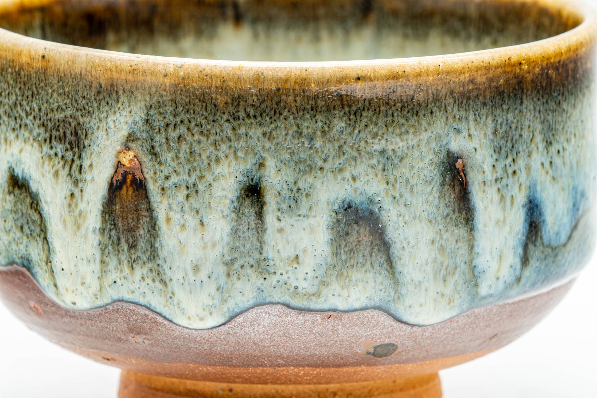 Japanese Matcha Bowl - Green Hare's Fur Drip-Glazed Hantsutsu-gata Chawan - 400ml